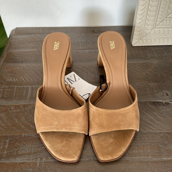 ZARA SUEDE BLOCK HEEL SLIDES HEELS MULES 9 40 TAN BROWN TAUPE 2329/310 - Picture 10 of 14